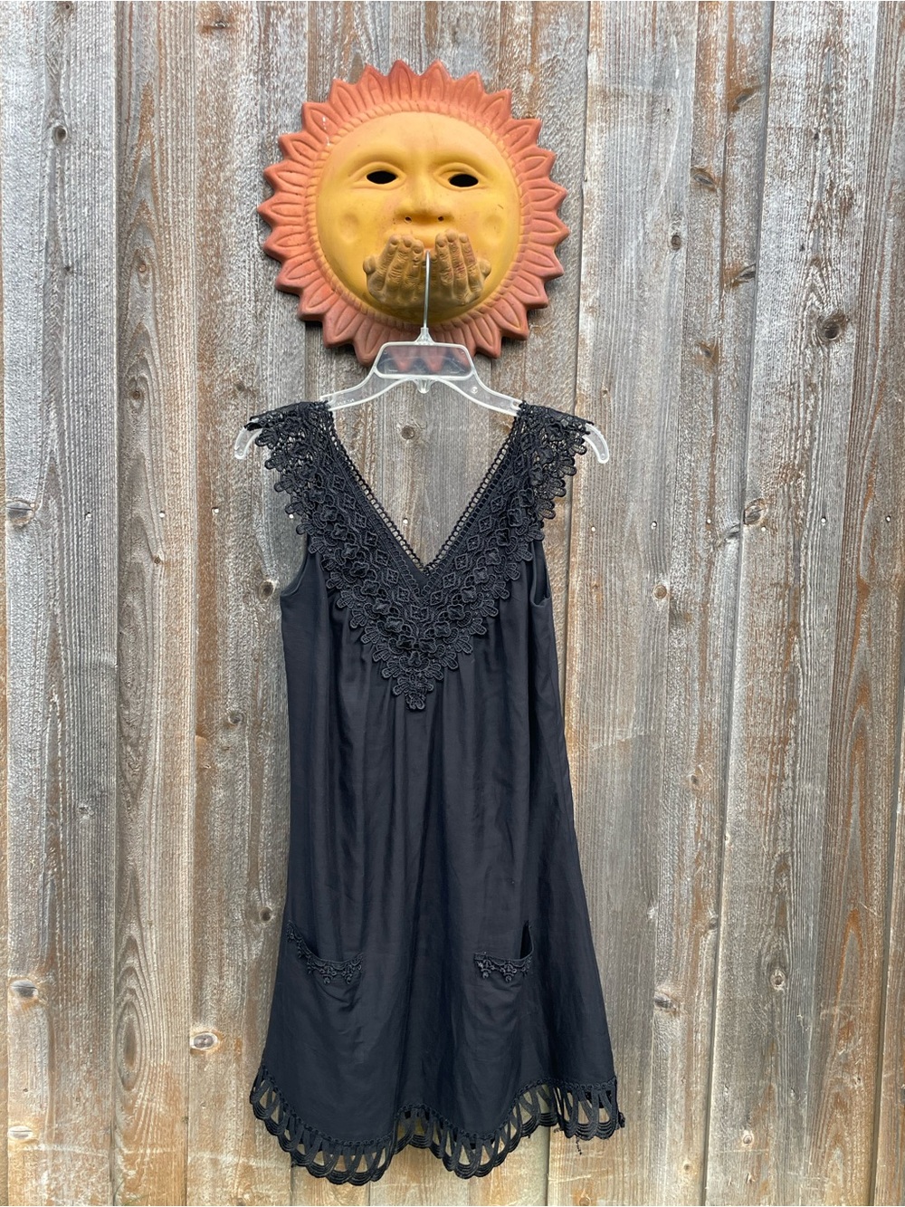 Central Park West Black Crochet V-Neck Dress with Lace Trim